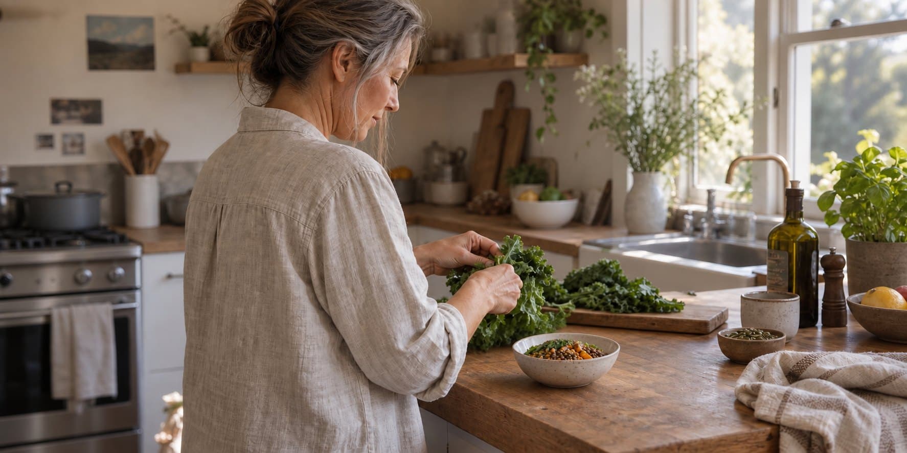 A woman preparing leafy greens and a bowl of lentils and vegetables in a sunlit kitchen